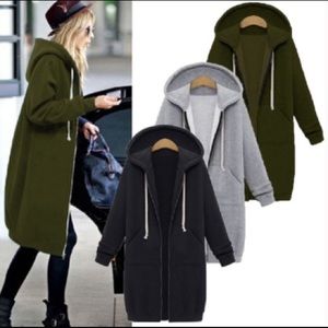 1 Left! Olive Green Long Maxi Hoodie ZIP Sweater